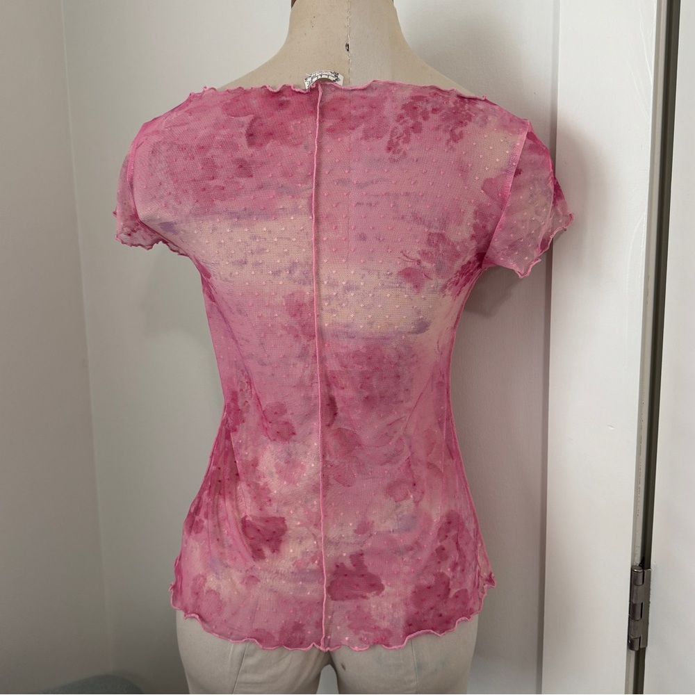Free People Intimately Medium Pink Print On the Dot Floral Mesh Top ~ Y2K 90’s - Picture 4 of 8